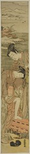 下駄を落として舟に乗る若い女性 作： Isoda Koryusai