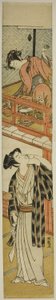 若い男にボールを投げる若い女性 作： Isoda Koryusai
