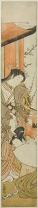 ひざまずいて男から手紙を受け取る法廷服装の若い女性 作： Isoda Koryusai