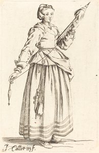 糸巻き棒を持つ若い女性、右向き 作： Israel Henriet after Jacques Callot