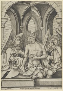 2人の天使の間の悲しみの人としてのキリスト、約。 1500年頃。 1500。 作： Israhel van Meckenem