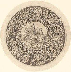井戸の近くで音楽家が演奏する円形の飾り c. 14951503。 作： Israhel van Meckenem