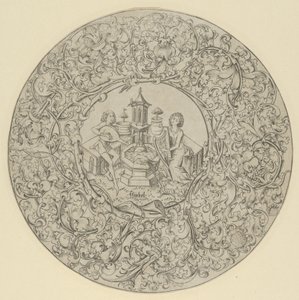 大きな装飾が施された円形フレーム内の愛の庭。 作： Israhel van Meckenem