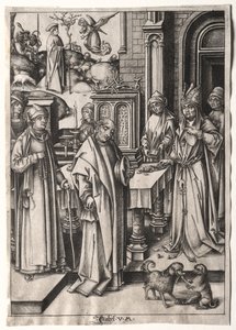 ヨアヒムの献金を拒否する大祭司。 作： Israhel van Meckenem