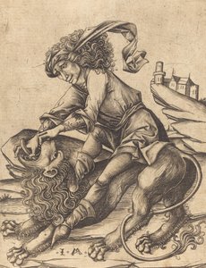 サムソンとライオン、c。 1475年。 作： Israhel van Meckenem