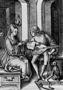 女性が歌い、男性がリュートを演奏している様子（エングレービング 作： Israhel van the younger Meckenem
