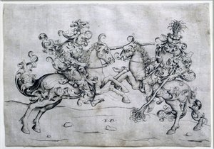 二人のライダーの遊び。馬に乗った二人の男の遊び。イスラエル・ファン・メッケネム（1440-1503年頃）のデッサン。ルーヴル美術館 作： Israhel van the younger Meckenem