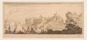 開いたテントと漁師のいる海岸の景色 海辺の風景を描いた版画シリーズのデザイン（シリーズ名） 作： Israël Silvestre