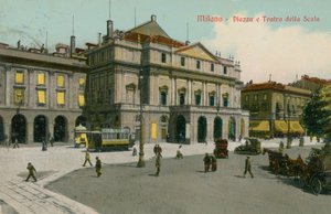 ミラノ-PiazzaとTeatro alla Scala。 1913年に送られたはがき。 作： Italian Photographer