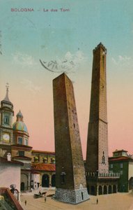 イタリア、ボローニャの2つの塔。 1913年に送られたはがき。 作： Italian Photographer