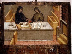1394年のオフィス、ビチェルナ（シエナ市の会計簿の表紙）でのカマーリングイストと徴税人。国立公文書館-シエナのビッチャーナのタヴォレット博物館。