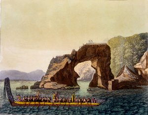 ニュージーランドのマオリの要塞化された展望台、マオリ戦争カヌー、1820年代から30年代と組み合わされた（手塗りのアクアチント） 作： Italian School