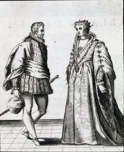 イタリアの貴族のカップル。1581年、舞踊家ファブリチオ・カローゾ（1527/1535-1605/1620）の踊りを扱った「Il ballarino（またはIl ballerino）」の版画。ボローニャ市立音楽図書館蔵 作： Italian School