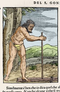 2本の木をこすって火をつけている先住民の姿。ジョヴァンニ・バッティスタ・ラムシオ（1485-1557）の『Navigationi and Viaggi』第3巻（1565年、ヴェネツィア）からの版画。 作： Italian School