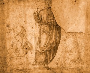 聖人と跪く二人の女性（紙に赤チョーク） 作： Italian School