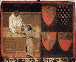 徴税人と納税者、1340年のビッチャーナ（シエナ市の会計簿の表紙）。国立公文書館-シエナ市ビッチャーナ会計簿博物館（Museo delle Tavolette de Bicherna）。 作： Italian School