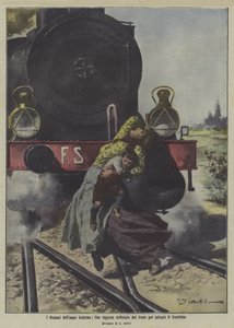 姉妹愛の悲劇：弟を助けた少女が列車に轢かれて死亡（カラーリトグラフ） 作： イタリア語学校