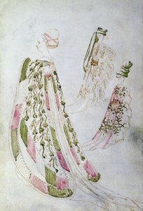 ロングコートを着た女性と2人の男性、1450年頃（紙にインクと水彩） 作： Italian School