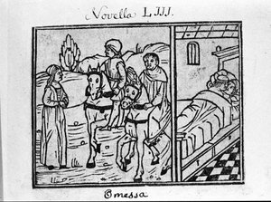 女性が二人の騎手と出会い、部屋でカップルになっています。イタリアの作家Giovanni Boccaccio dit Jean Boccaccio (1313-1375)の『デカメロン』のニュース53（6日目のニュース3）の挿絵。ヴェネツィア『デカメロン』に掲載された版画。 作： Italian School