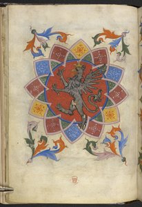 追加。 21965、f.5v 紋章の図: グリフィン、テーラー ギルドの法令、「Matricula artificum Artis Sartorum civitatis Perusii」から (ベラム紙にインクとカラー) 作： Italian School