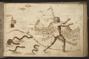 追加。 82955、f.133   人の姿を追う蛇。  、ヒストリアアニマルリウムから、 (さまざまな種の動物と神話上の生き物の 245 のペンとインクの図面で構成され、それぞれに説明が付いています。)    1595年 作： Italian School