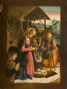 寄付者の肖像、1500年頃の子の礼拝（パネル上のテンペラ） 作： Italian School