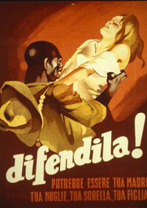 若い女性が有色人種の男性に襲われているポスター。イタリア 作： イタリア語学校