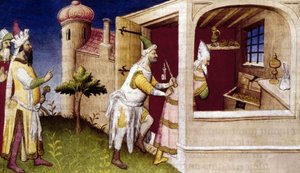 フレグに閉じ込められたアル・ムスタシム・ビラー、「Books of the Marvels of the World」のイラスト、Rustichello da Pisa (vellum) 作： Italian School