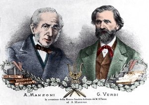 アレッサンドロ・マンゾーニとジュゼッペ・ヴェルディ、「メッサ・ダ・レクイエム」の際に（彩色彫刻 作： Italian School