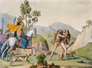 進出中の古代ケルトの戦士は、1800〜18年頃の狩猟中のカップルに遭遇します（色付きの彫刻） 作： Italian School