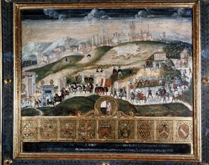 メディチ家のコジモ 1 世 (1389 年 - 1464 年) のシエナに到着 - 国立公文書館、シエナ。 作： Italian School