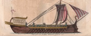 紀元前4世紀、アテネのトリーム（acrostolium） - Triere ou trireme - 「宇宙のあらゆる民族の用途と習慣」の刻印。つまり、最も遠い時代から現在に至るまでの、すべての国の政府、法律、民兵、宗教の歴史です。 作： Italian School