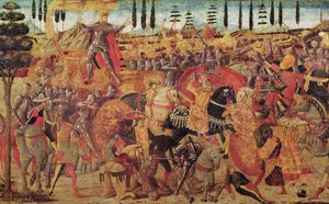 ダリウス (紀元前 399 ～ 330 年) とアレキサンダー大王 (紀元前 356 ～ 323 年) の間の戦い (パネルに油彩) 作： Italian School