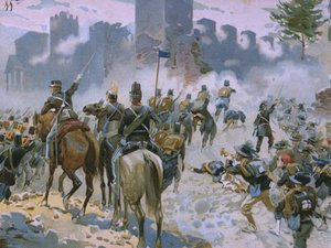 1859年6月24日、ソルフェリーノとサンマルティーノの戦い、19世紀後半のチョコレートタルモーネのために作られたリソルジメントの歴史に関するアルバムのイラスト