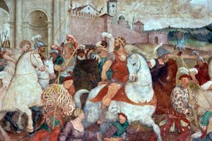 城壁の外での戦いの場面、1460年代頃（フレスコ画）