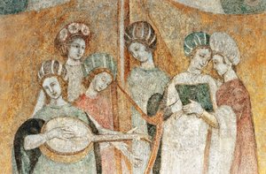 Bicocca degli Arcimboldi: 15 世紀のフレスコ画、音楽を演奏する女性の詳細 (フレスコ画) 作： Italian School