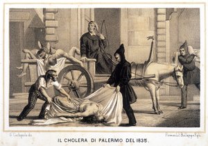 1835年、パレルモでコレラが流行した際、死者を拾うカート。 作： Italian School