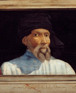 フィレンツェ・ルネッサンスの巨匠の肖像画5点を掲載したカッソーネ。ドナテッロ（ディット）、ドナート・ディ・ニッコロ・ディ・ベット・バルディ（1386-1466）の肖像画がある。下の碑文はおそらく連続したもの。ルーヴル美術館（パリ） - カッソーネのパネルにf 作： Italian School