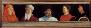 カッソーネにフィレンツェ・ルネッサンスの巨匠5人の肖像画（左からジョット・ディ・ボンドーネ、パオロ・ウッチェロ、ニッコロ・ドナテッロ、アントニオ・マネッティ、フィリッポ・ブルネレスキ）をあしらったもの。16世紀のイタリア派。下の碑文はおそらく後継者 作： Italian School