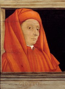 フィレンツェ・ルネサンスの巨匠の肖像画5枚を配したカッソーネ、ボンドーネAmbrogio dit Giotto di Bondone（約1267-1337）の肖像画を配した細部、16世紀のイタリア派、木に油彩。下の碑文はおそらく連続したもの。Musee d 作： Italian School