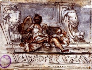 音楽のミューズが描かれた天井画、1700年頃（紙に水彩、ペン＆インク
