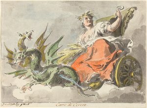 セレスのチャリオット（ペンと黒のインク、灰色のウォッシュ、敷き紙に水彩） 作： Italian School