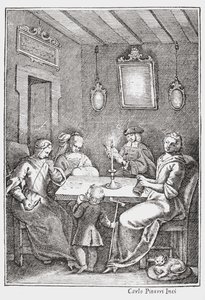 裁縫会で物語を読むキアクリラ、ジャンバッティスタバジルのペンタメローネの表紙、1742年 作： Italian School
