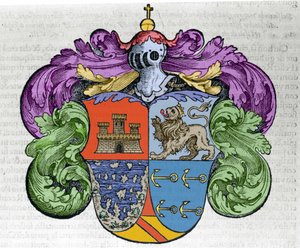 航海士クリストファー・コロンブス（1451-1506）の紋章：ecuの4つの部分は、上にカスティーリャ・レオンの都市を、下には覆われていない島々とアドミラルートのシンボルである錨を表している。図版は "Navigationi and Viaggi "に収録されています。 作： Italian School