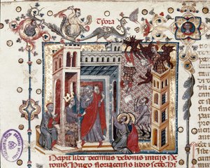 Codices Cavenses、Cod.25 f.181、Simon Magus、Emperor Nero、and the Apostles、miniature from Speculum Historiale、Part I、by Vincent de Beauvais、c.1320（velera on templum） 作： Italian School