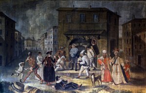 市街地の広場で表現するコメディア・デラルテのコミックたち。ローマ派の絵画