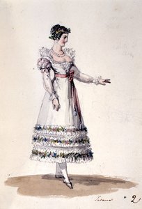 ヴォルフガング・アマデウス・モーツァルト作曲「フィガロの結婚」よりスザンナの衣装デザイン、1880年頃（カラーリトグラフ