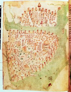 Cotton Vespasian A. XIII、f.36v：コンスタンティノープルの地図、1450年頃（ベラム） 作： Italian School