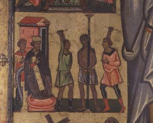 磔刑と受難の物語：キリストの鞭打ちを示す細部、ルッカの学校（パネルにテンペラ） 作： Italian School