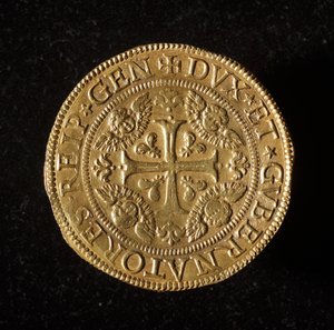 ジュネーヴ共和国の通貨：12.5金のドッピー・コイン。直径61mm。1656年、正面ゲネス共和国新世紀美術館(Inv.6456) 作： Italian School